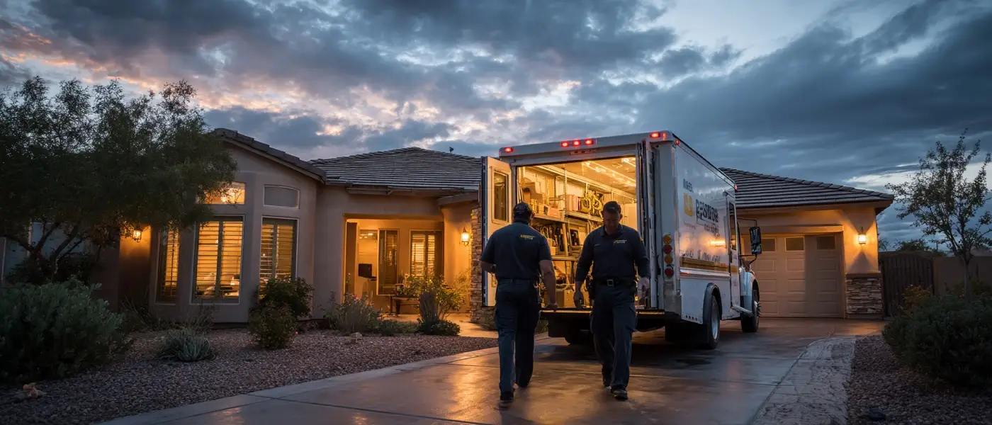 Pinnacle Restoration crew arriving at a Las Vegas home at dusk with equipment truck